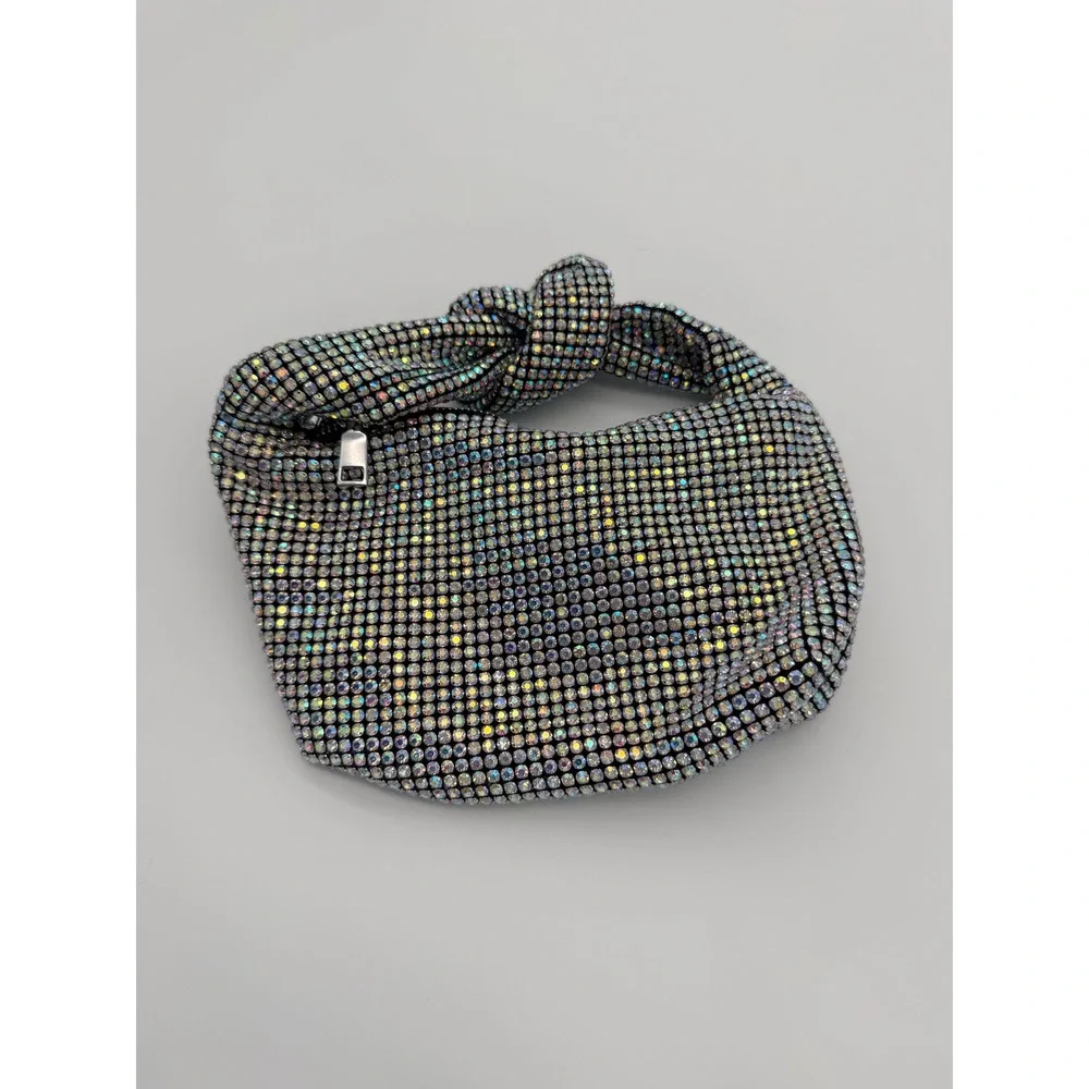 Madison West Iridescent Rhinestone Knotted Hobo Bag Silver Sparkly‎ Evening